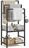HOOBRO Freestanding Towel Rack for Small Bathroom, 3-Tier Towel Holder with Storage Shelf, Basket & Hooks, Space Saving Bathroom Organizer for Towels & Toiletries, Rustic Brown BF13LB01