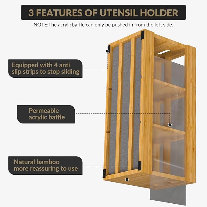 Garvee 12 in Bamboo Utensil Holder for Countertop, Kitchen Cooking Utensil Organizer with 6 Compartments & Diatomaceous Earth Drying Mat, Wood Silverware Caddy for Party Home, Natural