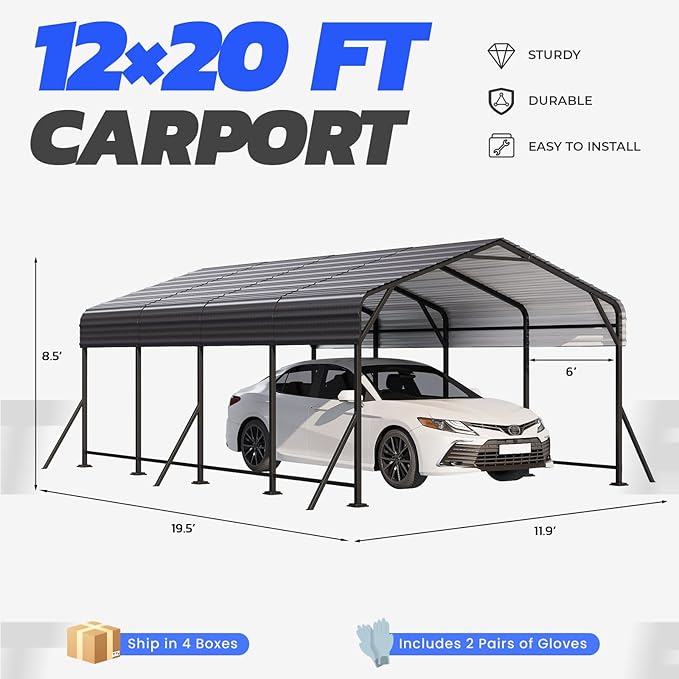 EROMMY 12' x 20' Heavy Duty Metal Carport with Galvanized Steel Roof & Base for All-Weather Protection, Outdoor Carport Garage, Versatile for Car, Boat, Tractor, and Party Use, Dark Gray