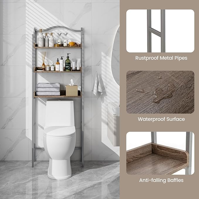 Tangkula Over The Toilet Storage Rack, 3-Tier Above Toilet Bathroom Shelf with Adjustable Bottom Bar & Anti-Toppling Devices, Metal Frame, Freestanding Bathroom Space Saver for Laundry (Silver, 66"H)