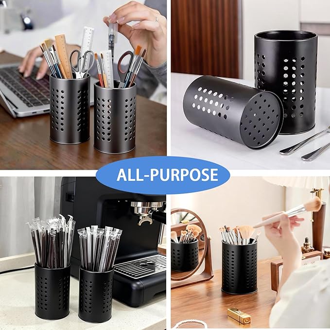 2PCS Stainless Steel Kitchen Utensil Holder, Utensil Caddy & Organizer for Drying Cooking Spoons Utility Sturdy Home Kitchen Daily Use Utensil Drainer (BLack)