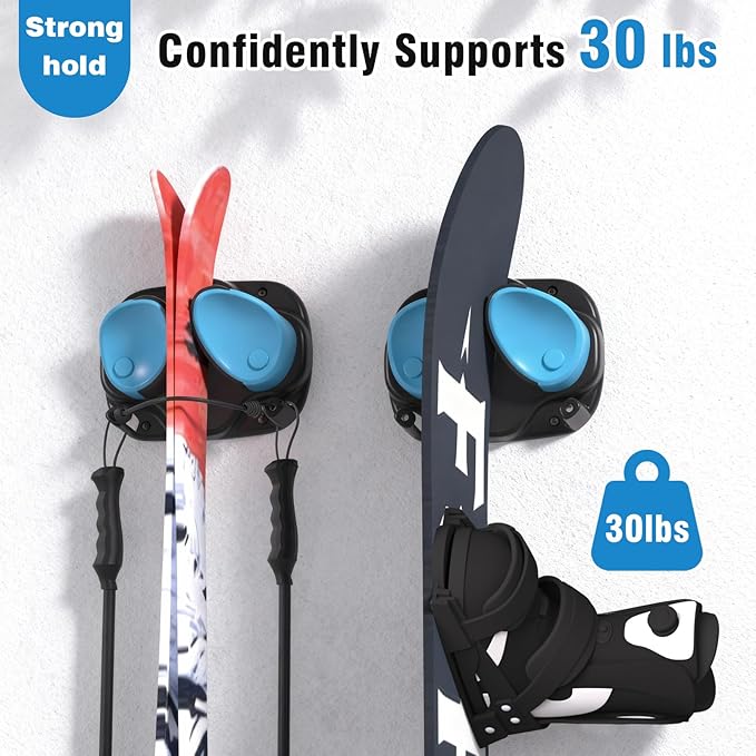 WDZREE Ski & Snowboard Wall Rack for Garage, Fits Any Ski or Board, Ski Wall Mount Garage Organization Holders, Damage-Free Storage Rack, Space-Saving Clamp Winter Gear Organizer, Blue (4 Pack)