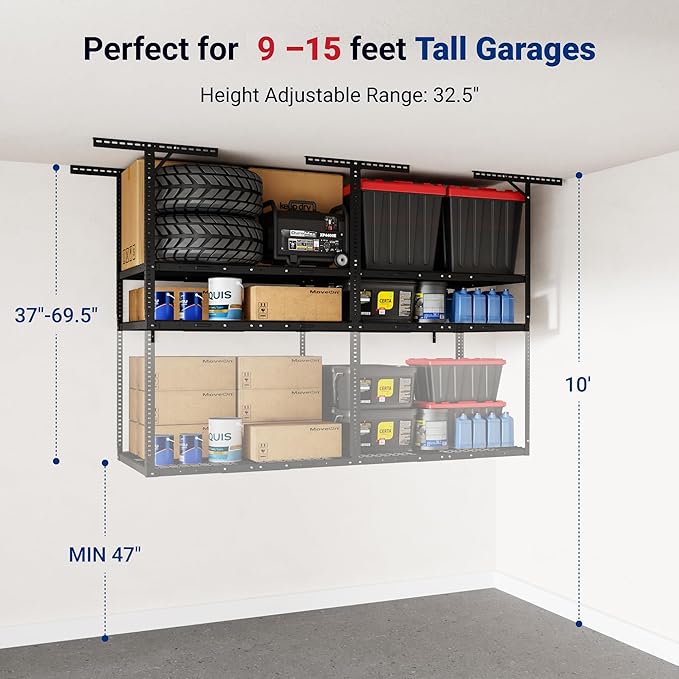 FLEXIMOUNTS 3x8 2-Tier Overhead Garage Storage Rack – Adjustable Heavy Duty Metal Garage Ceiling Storage Racks, 1000 lbs Capacity – Garages Organization System for 9–15 ft Tall Garages, Black