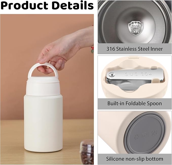 Thermo for Hot & Cold Food, 25oz Insulated Food Jar with Handle Spoon, Thermal Lunch Container, 316 Stainless Steel Lunch Box for Men Women, Keeps food Hot for 12 Hours or Cold for 24 Hours(White)