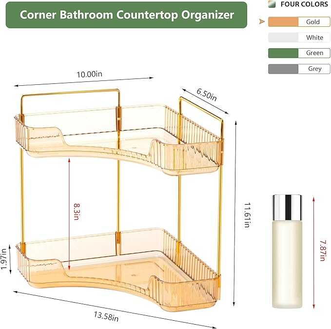 Corner Bathroom Counter Organizer Bathroom Countertop Shelf Makeup Organizer for Vanity Perfume Tray for Corner Storage (2 Tiers, Gold)