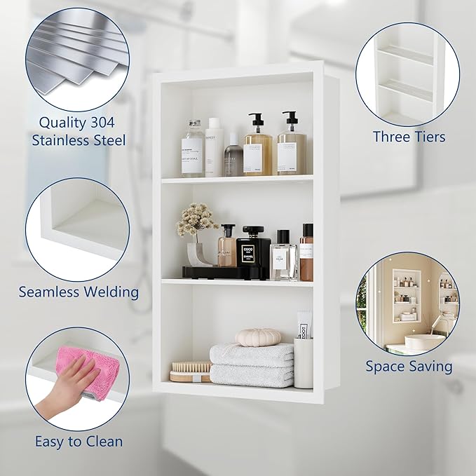 14x24 Recessed Medicine Cabinet, Medicine Cabinet No Mirror, 304 Stainless Steel Medicine Wall Niche with 3-Tiers Shelves, Matte White