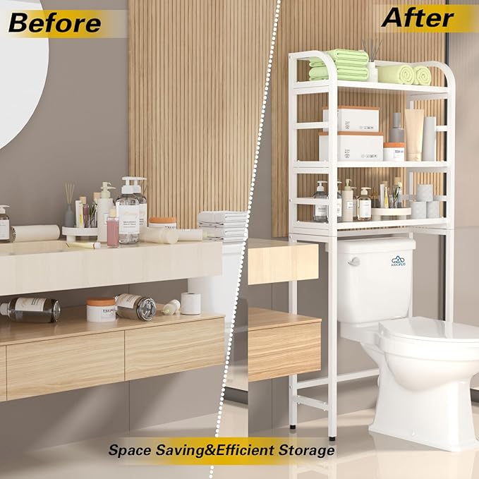 3-Tier Over The Toilet Storage Rack, Freestanding Bathroom Organizer Metal Frame Toilet for Small Spaces, Bathroom, Balcony, Laundry (White)