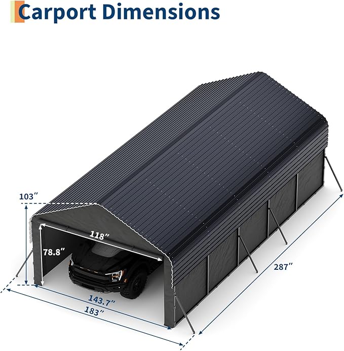 Garvee 12'X24'X9' Metal Carport, Enclosed Car Ports with Heavy Duty Steel Frame and 220 g Tarp, All-Weather Carport for Full-Size Pickup Trucks, Bass Boats, and Tractors