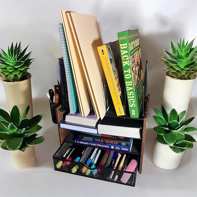 Wooden & Metal Desk Organizer – 4-Tier Vertical Desktop Storage with File Trays, Pen Holder & Drawer – Space-Saving Office & Home Workspace Organizer