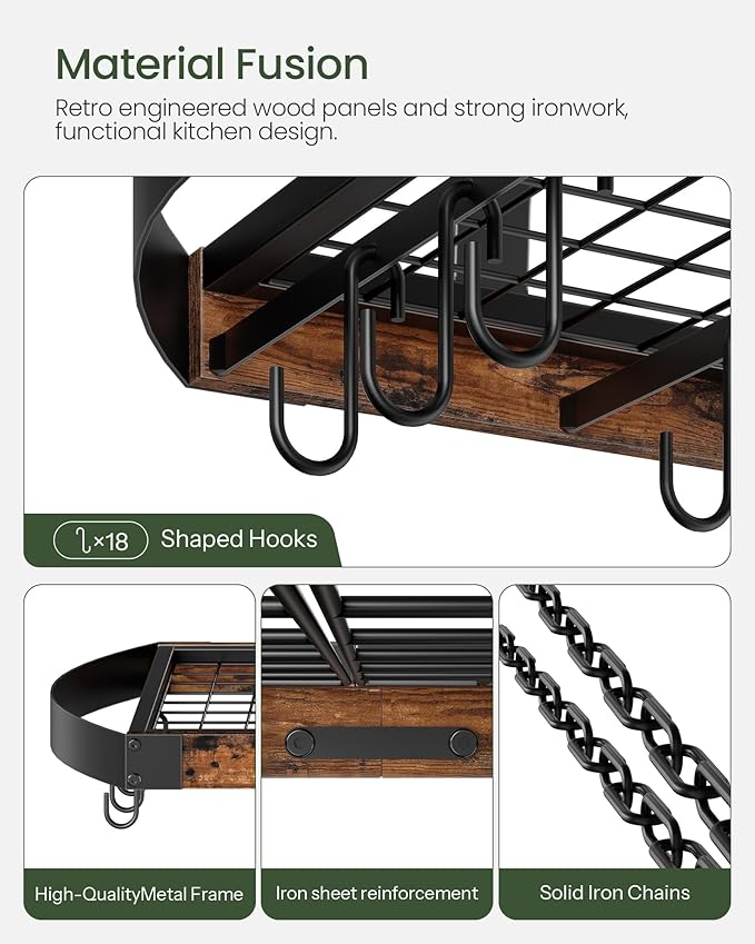 Hanging Pot Rack, Pot Hanger for Kitchen, Ceiling Mounted Pot Holder, Cookware Organizer with 18 S-Shaped Hooks, for Pot, Pan Storage, Space-Saving, Rustic Brown and Black TPR18BF