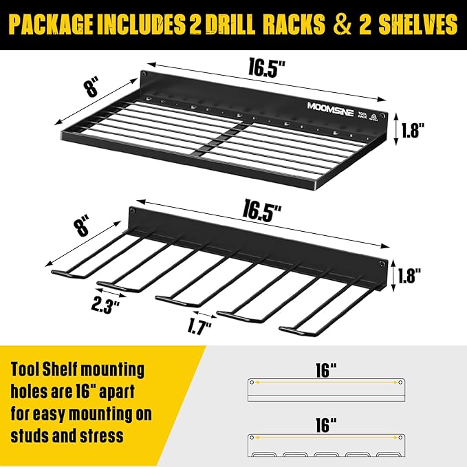 Power Tool Organizer Wall Mount, Heavy Duty Tool Organizers and Storage, Cordless Drill Holder and Battery Shelf, Metal Storage Rack for Garage Organization (Drill 2 racks & 2 shelves)