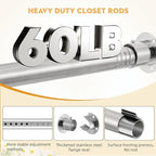 1.3 Inch Diameter Closet Rods for Hanging Clothes 17-87 Inch Adjustable, Metal Heavy Duty Closet Pole, Silver Closet Bar for Hanging Clothes, Suitable for Closet, Wardrobes, Bathroom, Windows