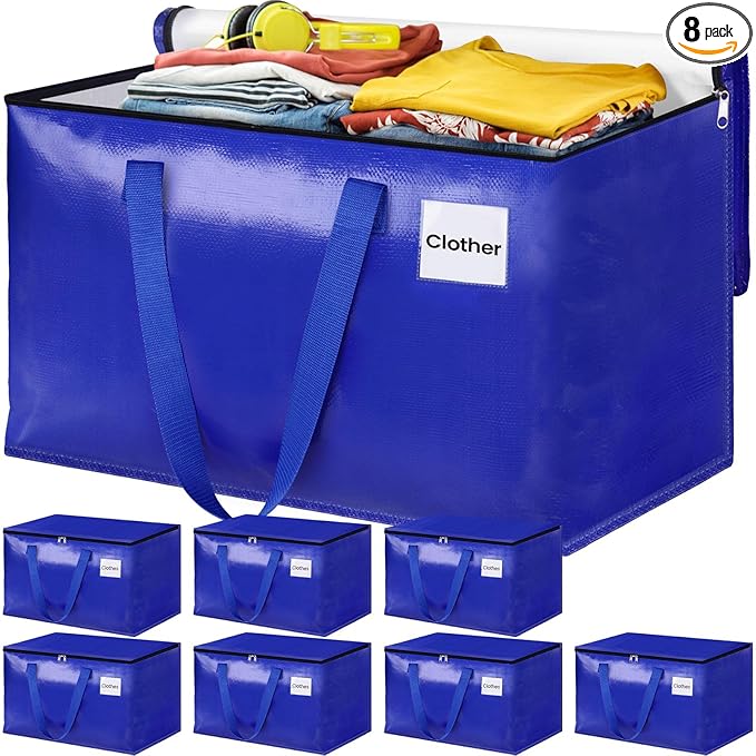 Moving Bags, Storage Bags with Sturdy Handles and Heavy Duty Zippers, Storage Totes for Space Saving, Moving & Storage, Collapsible Moving Supplies(125L, 8-Pack, Blue)