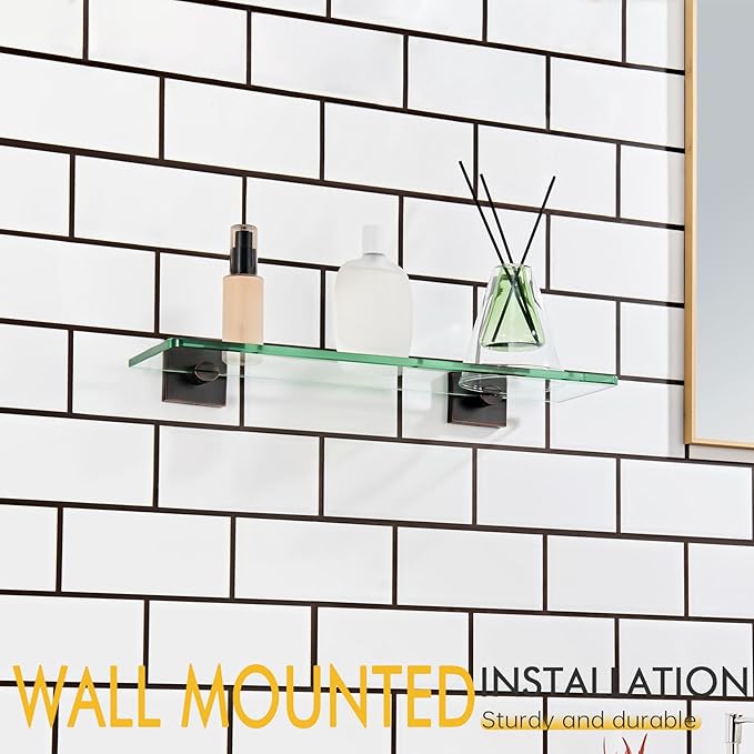 KOKOSIRI Tempered Glass Shelves 16-Inch Bathroom Floating Shelf Kitchen Hanging Rack for Shower Storage, Oil Rubbed Bronze Stainless Steel B1107ORB-L16