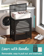 Black Laundry Hamper, Laundry Hamper with Lid, 27.3 Gallon (103L) Bamboo Wood Clothes Laundry Basket with Lid and Handles, Removable Liner