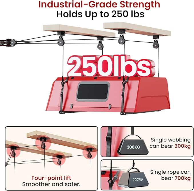 Truck Cap Hoist System for Garage Ceiling, Smart 4-Point Self-Leveling Garage Hoist with 8:1 Pulley Lift System, Easy One-Person Overhead Garage Storage Lift for Truck Topper Rack, 250 lb