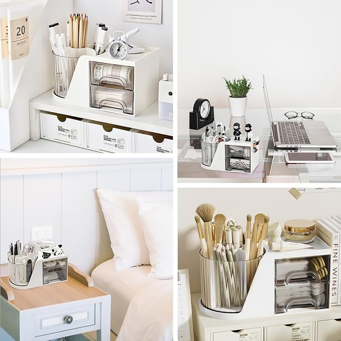 Marte Vanci 360° Rotating Desk Organizer with 2 Drawer, Desktop Rotating Pen Holder with 6 Slots, Small Makeup Organizer, Multifunctional Desk Accessories for Office, Home(White)