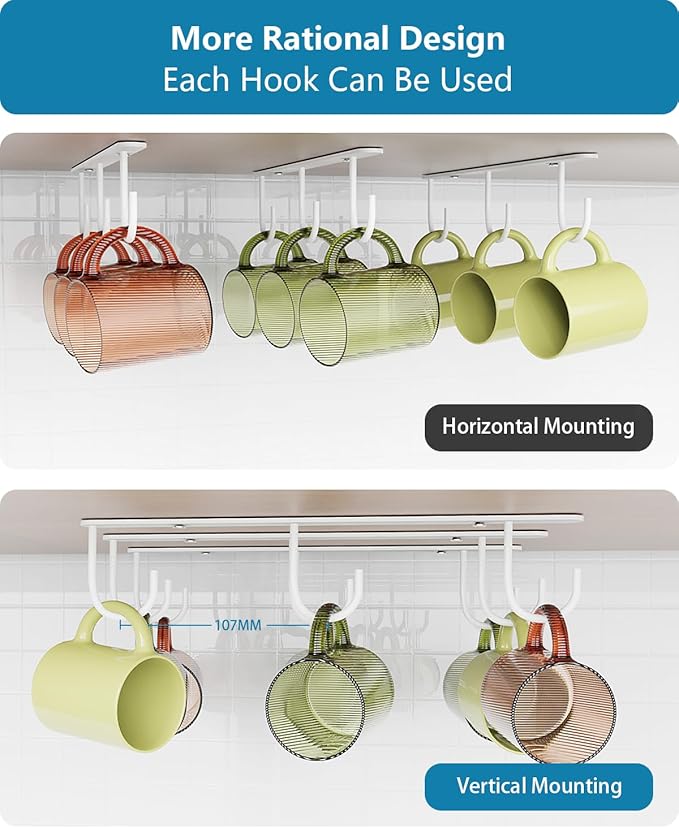 3 Pack Mug Hooks Under Cabinet, Coffee Mug Holder for Hanging Under Shelf, Cup Hanger with 9 Hooks for Displaying Mugs, Coffee Cups and Kitchen Utensils, White