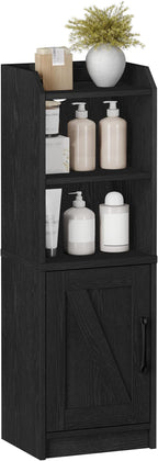 Bathroom Storage Cabinet, Small Farmhouse Corner Floor Cabinet with Door and Shelves, Narrow Toilet Paper Holder Stand, Bathroom Organizer with Adjustable Shelf, for Small Spaces, Black