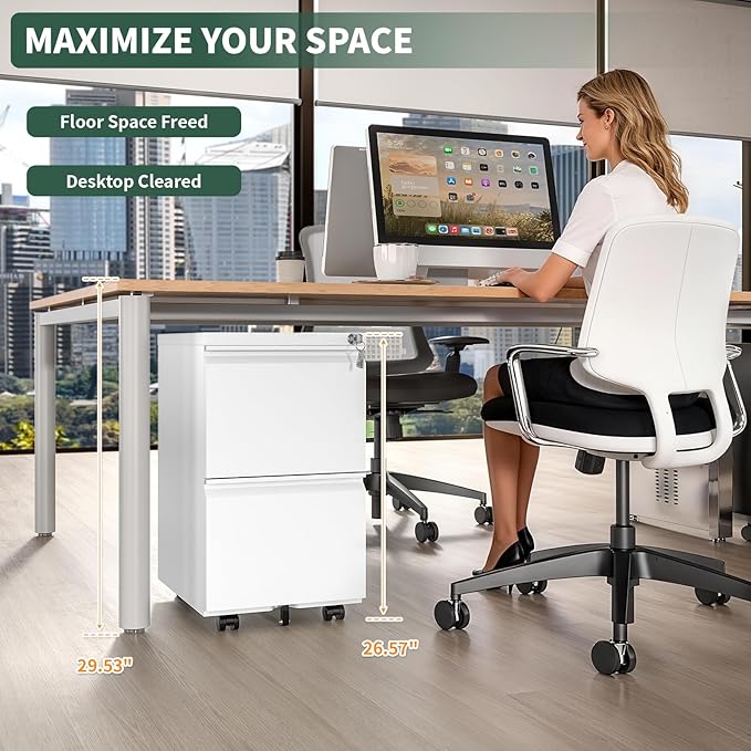 2 Drawer File Cabinet with Lock,Under Desk Rolling Small Filing Cabinet for Home Office Storage, Mobile Steel Cabinets with Wheels, Fully Assembled, White