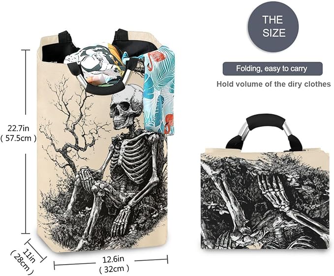 Gothic Skeleton Laundry Basket for College Dorm,50L Collapsible Portable Laundry Hamper Storage Basket for Toys Clothes Organizer