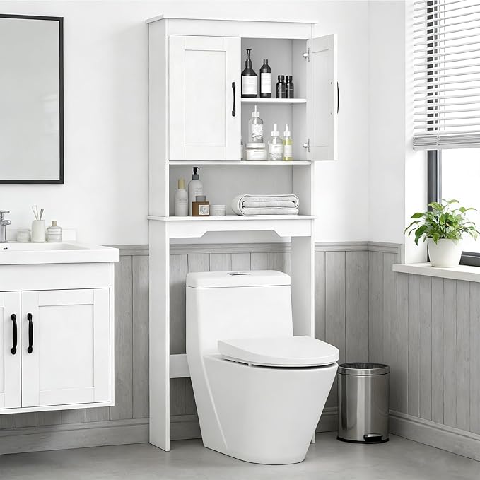 Giantex Over The Toilet Storage Cabinet, Double Door Space Saver Above Toilet with Adjustable Shelf & Open Storage Cube, Over Toilet Bathroom Organizer for Restroom, Laundry Room, White