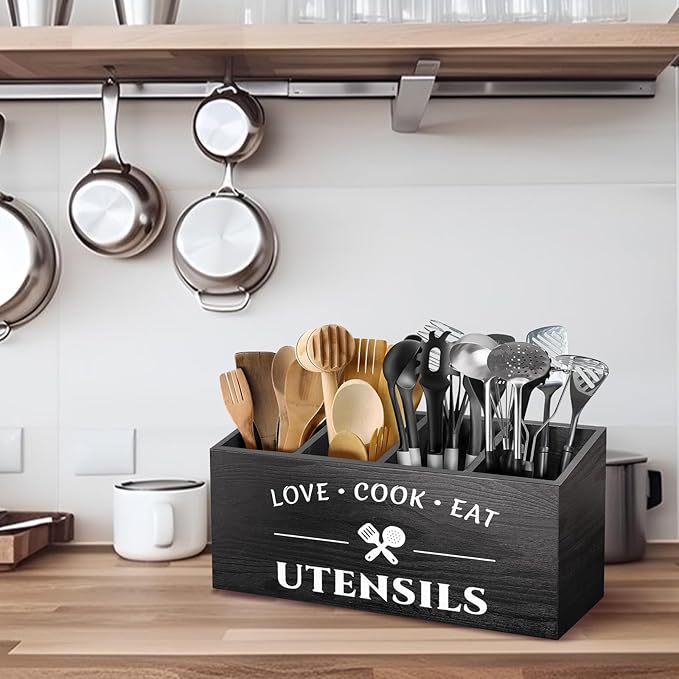 Rustic Wooden Utensil Holder for Countertop - 4 Compartment Farmhouse Heavy-Duty Flatware Caddy & Silverware Organizer - Large Kitchen Decor for Spoons, Forks, Parties, Coffee Bar & RV
