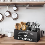 Rustic Wooden Utensil Holder for Countertop - 4 Compartment Farmhouse Heavy-Duty Flatware Caddy & Silverware Organizer - Large Kitchen Decor for Spoons, Forks, Parties, Coffee Bar & RV
