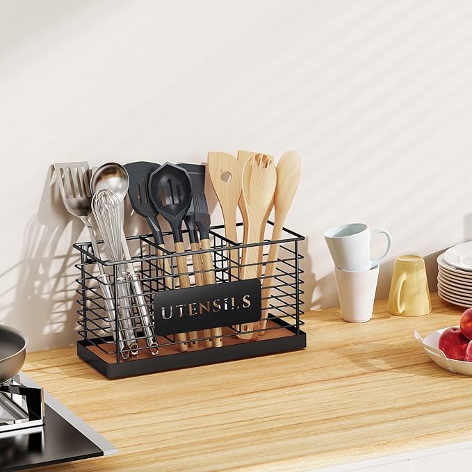 THYGIFTREE Utensil Holder for Kitchen Counter Large Black Metal Cooking Utensil Organizer 3 Compartments for Countertop Kitchen Tool Spatula Holder Wood Base