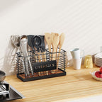 THYGIFTREE Utensil Holder for Kitchen Counter Large Black Metal Cooking Utensil Organizer 3 Compartments for Countertop Kitchen Tool Spatula Holder Wood Base