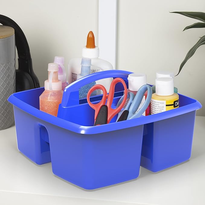 Storex Classroom Craft Caddy, 3 Compartment Plastic Organizer with Carry Handle, Assorted Colors, 9.25 x 5.25 x 9.25 Inch, Case of Six 5-Packs (00941U06C)