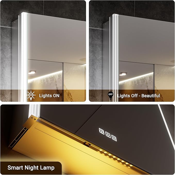 24x32 LED Bathroom Medicine Cabinet Mirror with Smart Night Lamp, Surface or Recessed Fogless Lighted Medicine Cabinet Mirror with Outlet &Clock,Built-in Sensor Light& Soft-Close Right-Hinge
