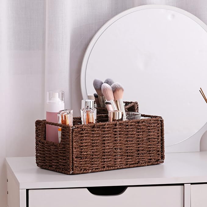 Vagusicc Wicker Storage Basket, Set of 2 Hand-Woven Paper Rope Wicker Basket, Small Storage Baskets for Organizing Toilet Paper, Foldable Large Cube Storage Organizer Bins for Shelves (Brown)