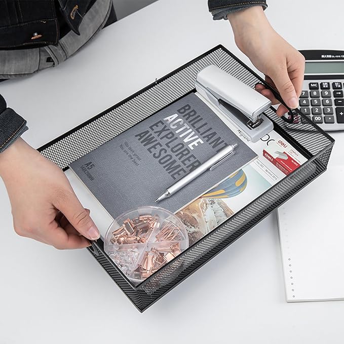 Drawer Organizers, 3 Sets Metal Mesh Desk Drawer Organizer Trays, 2 Desktop Organizers with 2 Pcs Phone Brand Card Holders, Desk Drawer Box Tray for Office, Bathroom, Kitchen, Makeup, Vanity