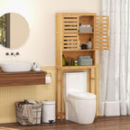 Giantex Over The Toilet Storage Cabinet, 3-Tier Bamboo Bathroom Space Saver with 2 Louver Doors, Open Shelf, Adjustable Bottom Bar, Over Toilet Bathroom Organizer for Laundry, Balcony, Restroom