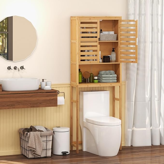 Giantex Over The Toilet Storage Cabinet, 3-Tier Bamboo Bathroom Space Saver with 2 Louver Doors, Open Shelf, Adjustable Bottom Bar, Over Toilet Bathroom Organizer for Laundry, Balcony, Restroom