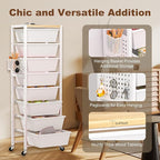 Rolling Cart with Drawers, Rolling Storage Cart with 8 Large Plastic Drawers & Wooden Tabletop, Utility Cart with Pegboards & Basket, Storage Drawers Cart for Living Room, Classroom, Bedroom, Office