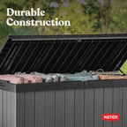 Keter Darwin 100 Gallon Resin Large Deck Box - Organization and Storage for Patio Furniture, Outdoor Cushions, Garden Tools and Pool Toys, Grey & Black