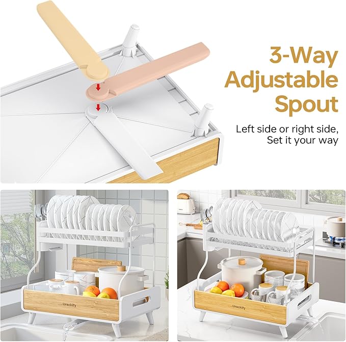 2-Tier Dish Drying Rack, Large Stainless Steel & Bamboo Dish Rack for Kitchen Counter, Dish Drainers with Adjustable Automatic Spout, Drying Rack Kitchen with Utensil Holder, White