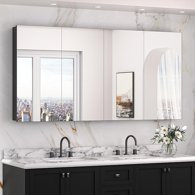 Keonjinn 64 x 32 Inch Medicine Cabinet, Assembly Required, Black Bathroom Medicine Cabinets Mirror, Lightweight, Adjustable Shelves, Surface Mount or Recessed, Tempered Glass