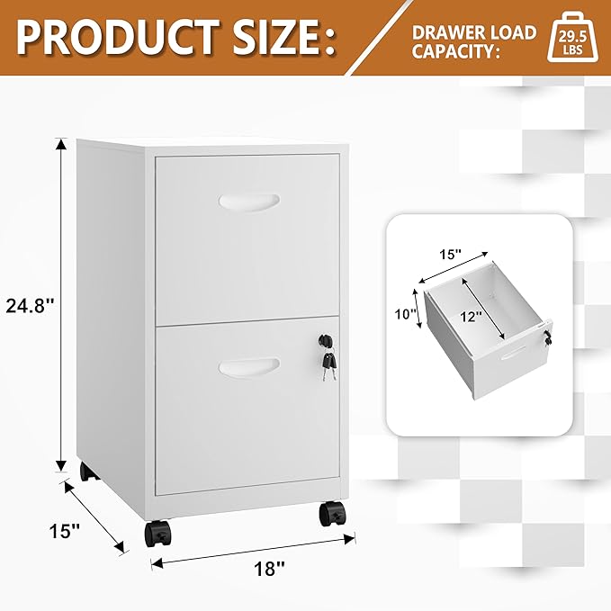 2 Drawer Rolling File Cabinet on Wheels, Mobile Two Drawer Filing Cabinet with Lock, Small Files Cabinets for Under Desk, Metal Filing Cabinets for Letter Size Folders, White - Assembly Required