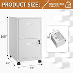 2 Drawer Rolling File Cabinet on Wheels, Mobile Two Drawer Filing Cabinet with Lock, Small Files Cabinets for Under Desk, Metal Filing Cabinets for Letter Size Folders, White - Assembly Required