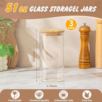 51 Oz Glass Storage Jars with Bamboo Lids - 3 Pack Clear Glass Canisters Square Airtight Stackable Ideal for Pantry Storage Containers Great for Storing Oats Coffee Beans Pasta Flour Rice etc