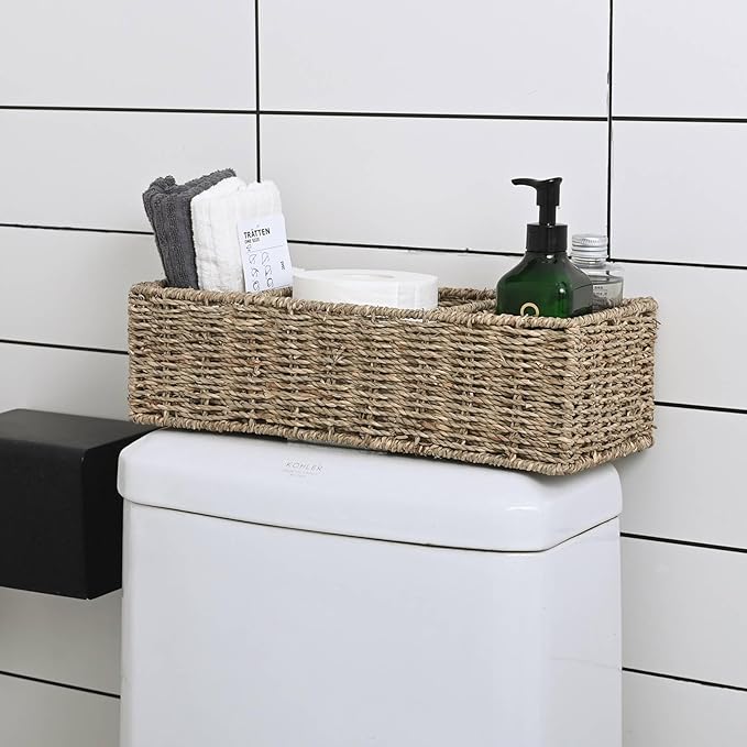 Wicker Toilet Basket Tank Topper Wicker Small Baskets, Wicker Storage Basket Toilet Paper Basket for Toilet Tank Top Seagrass Storage Basket, Bathroom Basket for Shelves with 3-Section, 2 Pack