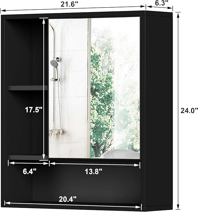 ChooChoo Bathroom Wall Mirror Cabinet, Medicine Cabinet with Single Door and Adjustable Shelf, Over The Toilet Space Saver Storage Cabinet, Black