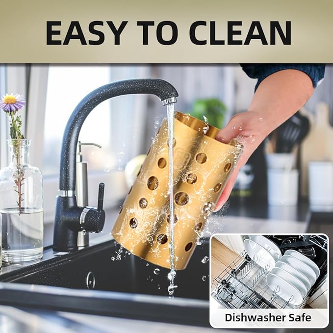 QRU Kitchen Utensil Holder for Countertop (H6.7” x W4.1”), Stainless Steel Cooking Utensil Caddy for Tools, Spatulas, Spoons, Silverware & More, Cooking Utensil Organizer, Kitchen Decor (Gold)