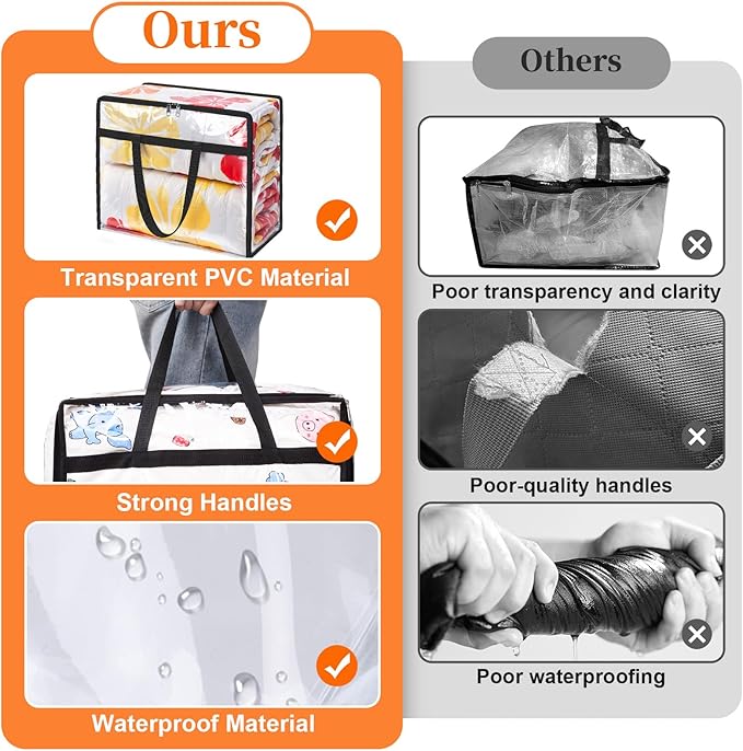 Clear Clothes Storage Bags, 8 Pack Closet Organizers and Under Bed Storage Containers, Foldable Moving Bags with Zippers for Comforter, Blanket, Bedding, Duvet, PVC Packing Bags 60L