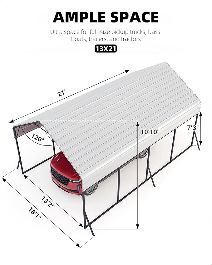 Garveelife 13 ft x21 ft x11 ft Oversized Metal Carport, Heavy Duty Metal Car Port for All-Weather, Steel Shed for Bass Boats, Pickup Trucks, and Tractors