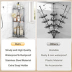 ELYKEN Corner Shower Caddy Standing, 3 Tier Rustproof Metal Shower Organizer with Soap Holder, Floor Shower Corner Shelf Rack Storage Stands with Adjustable Feet & 2 Hooks for Bathroom, Silver