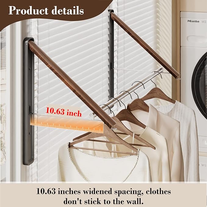 Retractable Wall Mounted Drying Rack - Foldable Clothes Hanger in Walnut or Oak Color for Laundry Room, Closet & Balcony (Walnut, 1 Rack)